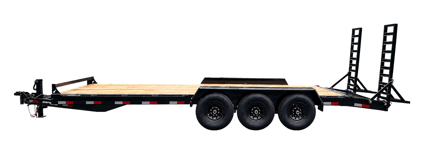 Black tri-axle equipment hauling trailer